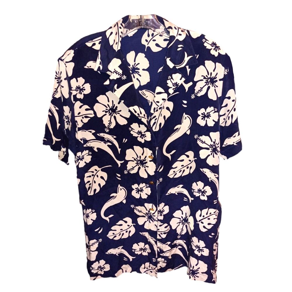 Vintage Escada 100% Silk Navy Tropical Gold Button Blouse Size 40 Beach Vacation